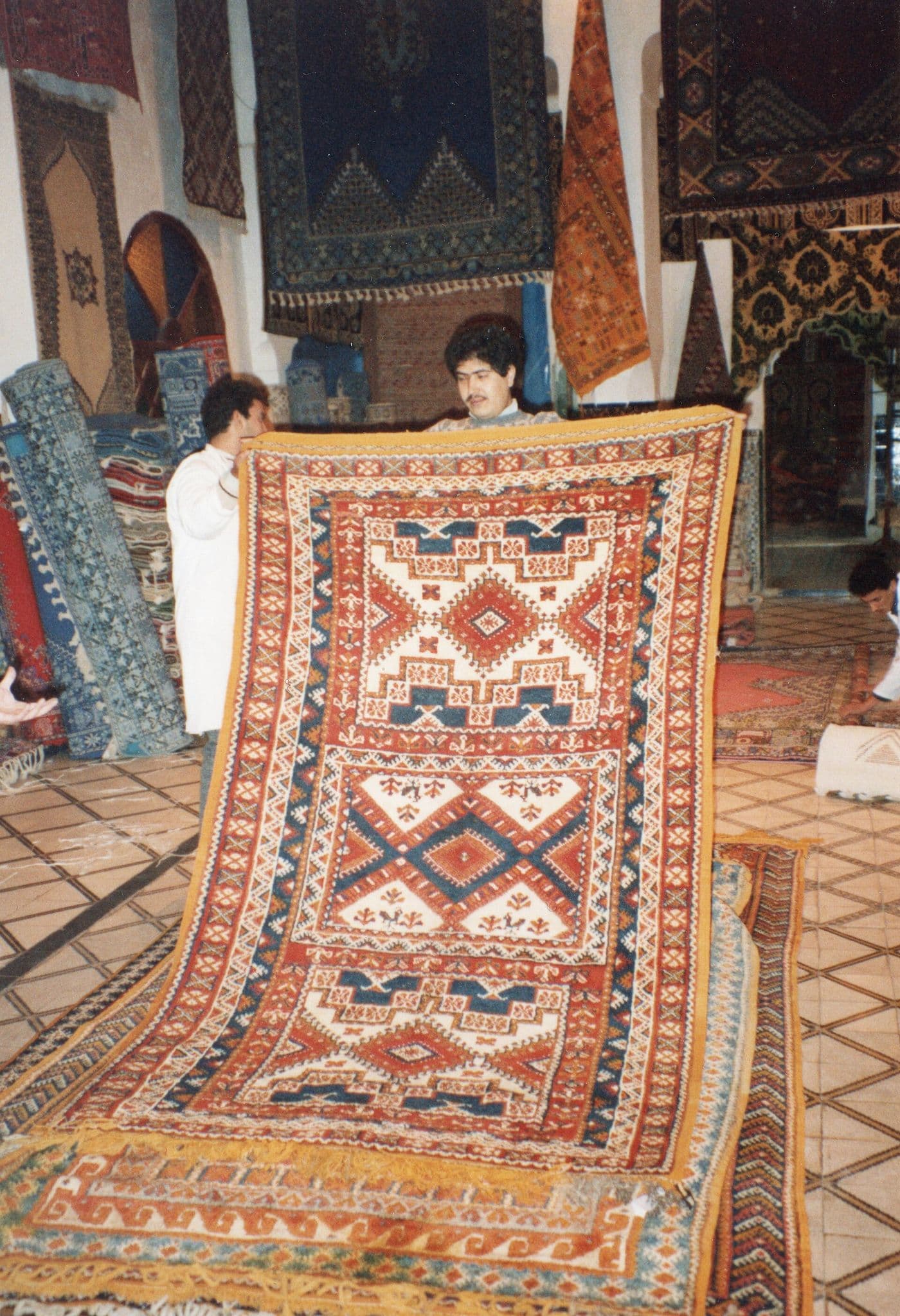 Hand-knotted Moroccan rug on display